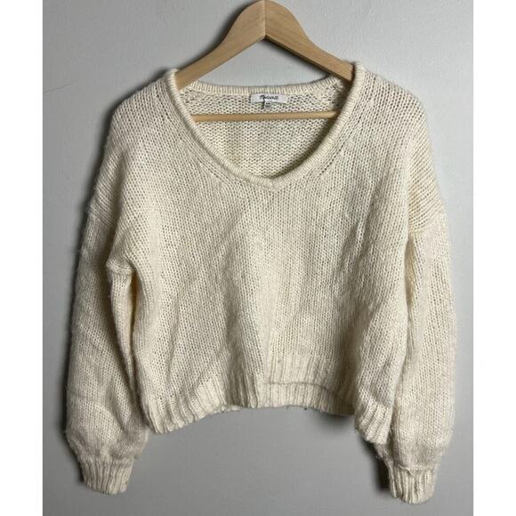 Madewell Balloon Sleeve Sweater Cream V Neck Alpaca Wool Blend Pullover Size XXS - Picture 1 of 5